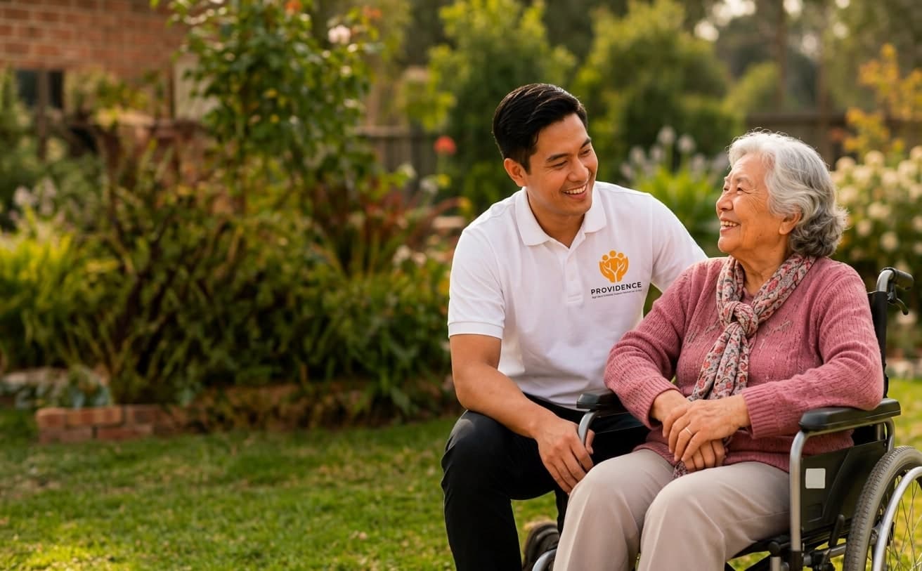 A smiling Providence support worker kneeling beside a client in a wheelchair in a garden