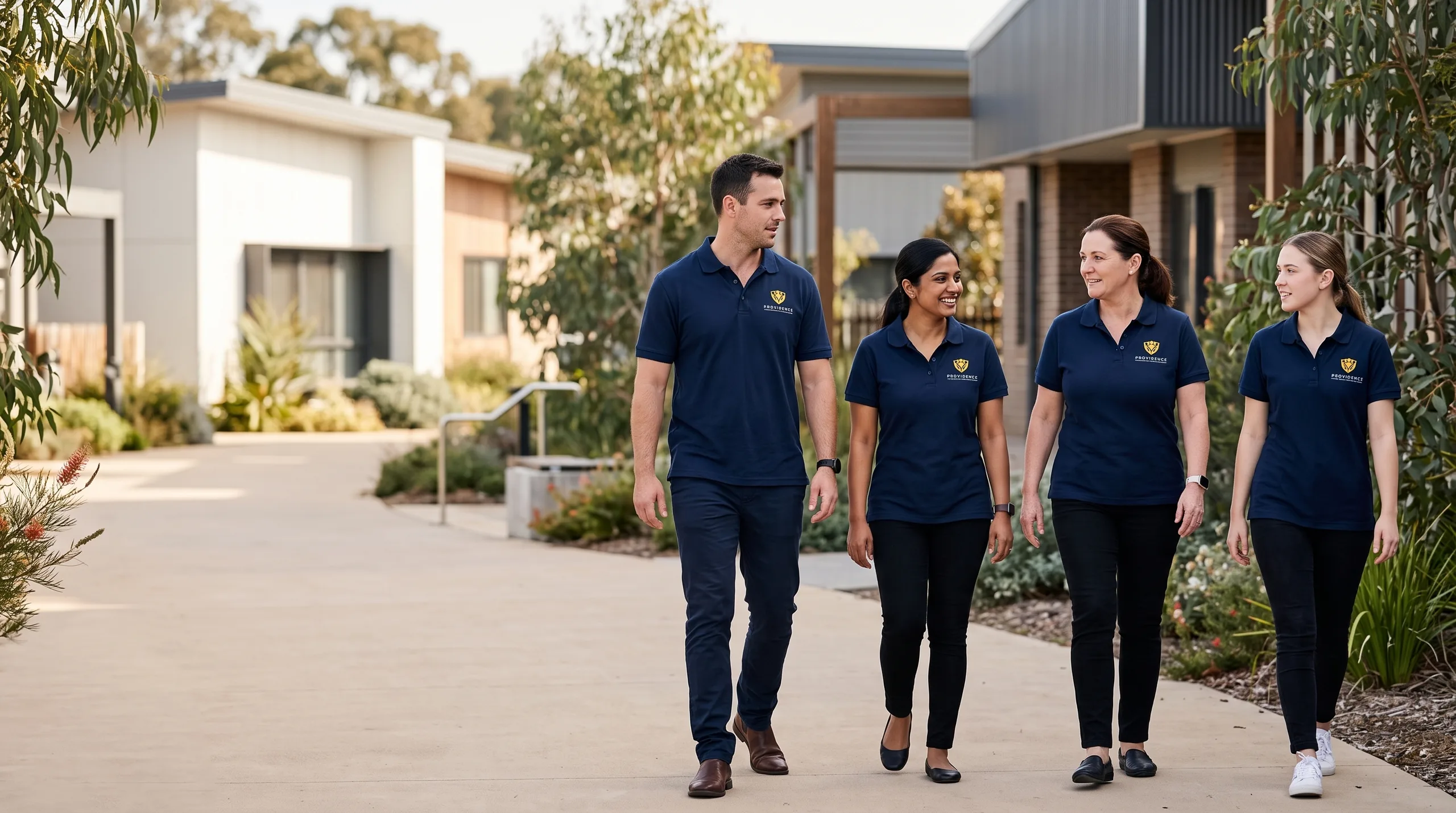 Four smiling Providence team members in navy Providence polo shirts walking together outside a Providence facility