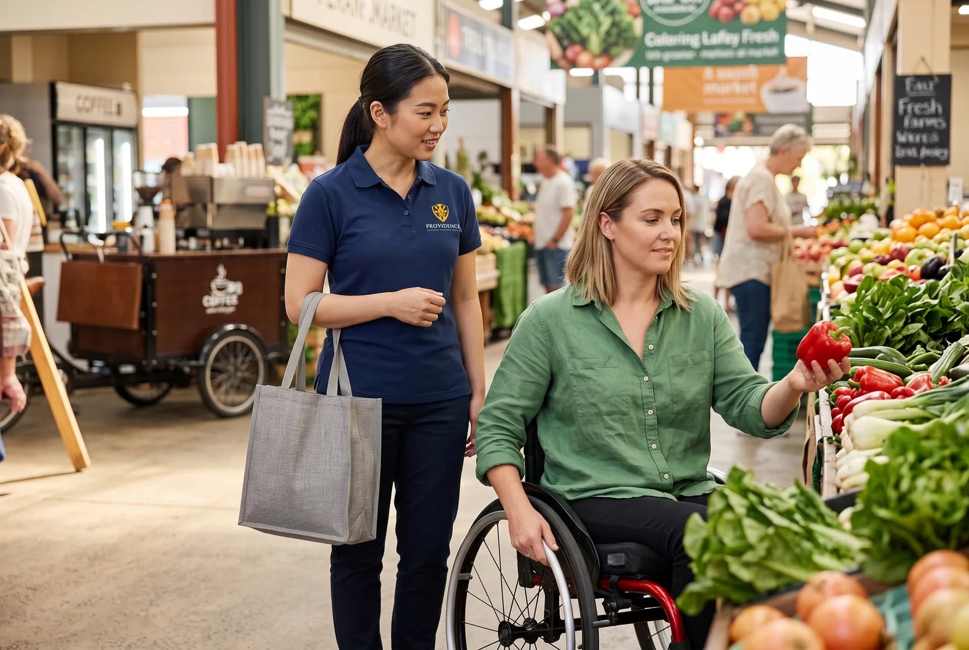 Providence support worker walking alongside a participant as she chooses fresh produce at a market