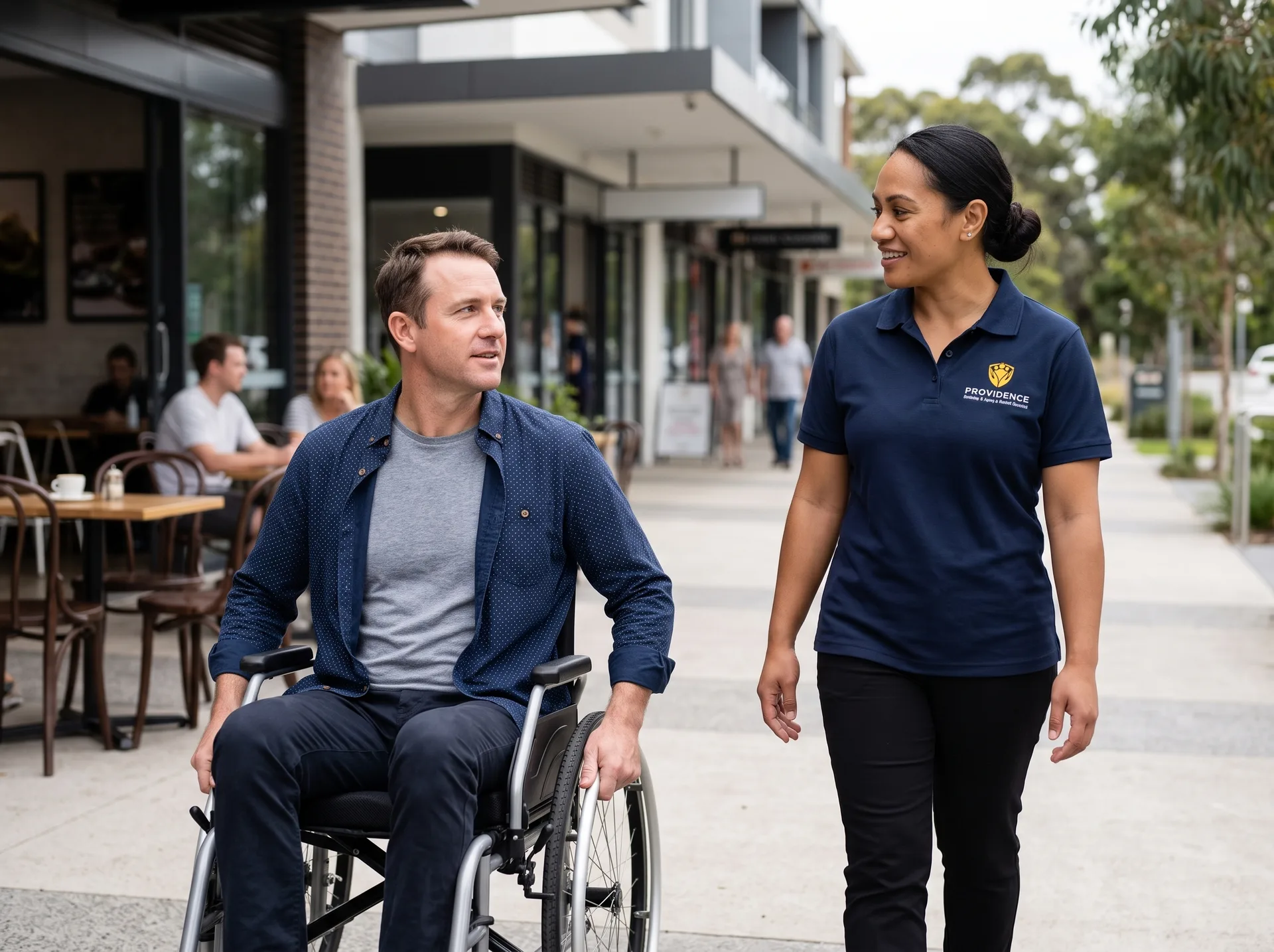 Participant using a wheelchair walking alongside a Providence support worker on a shopping street