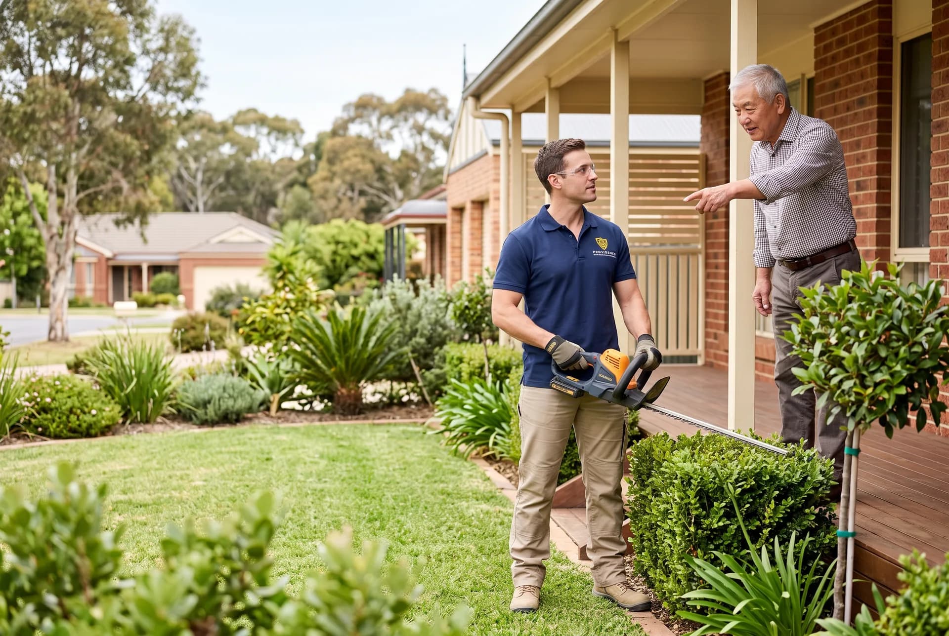 Providence support worker trimming a garden hedge while a participant looks on