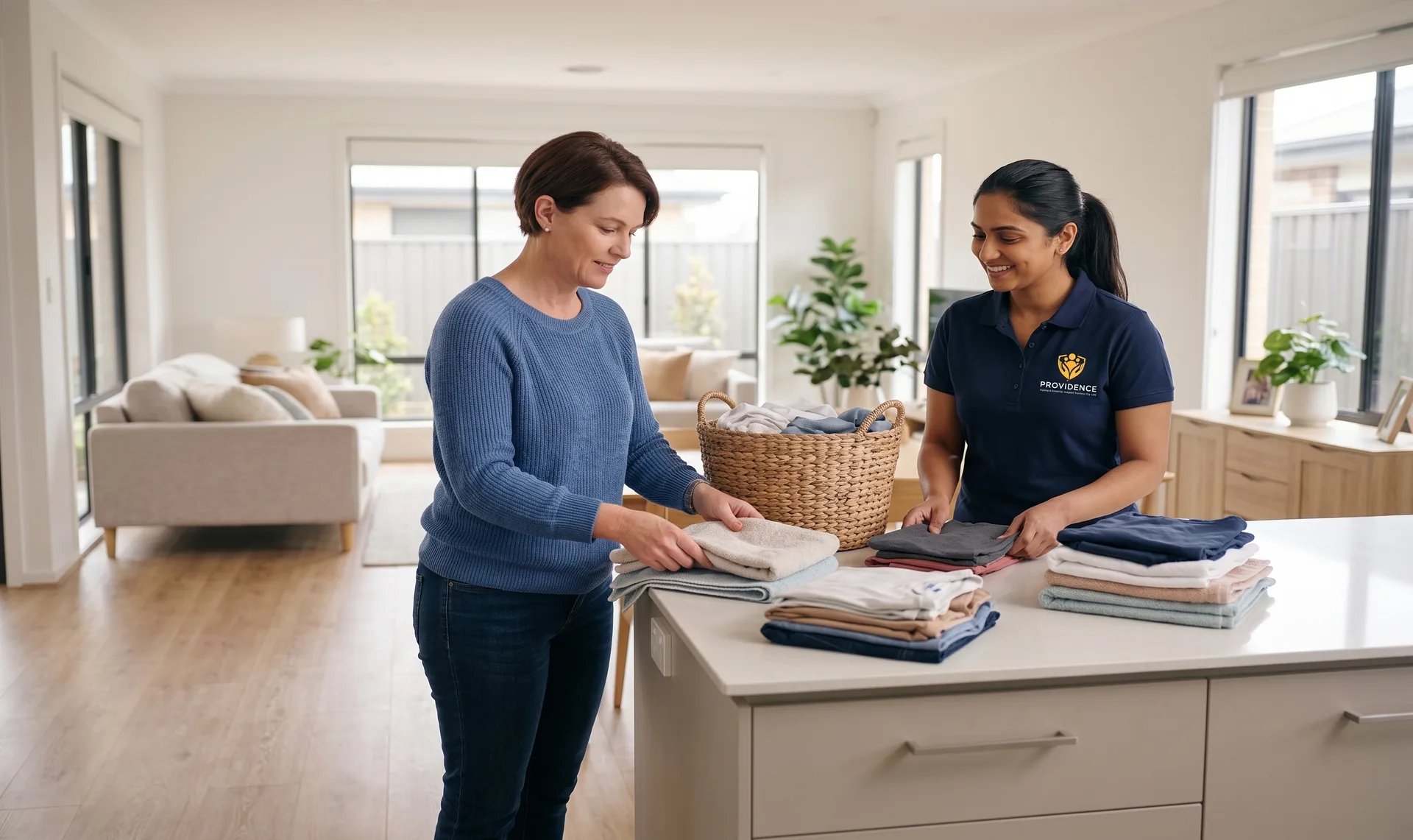 Participant and Providence support worker folding laundry together at home