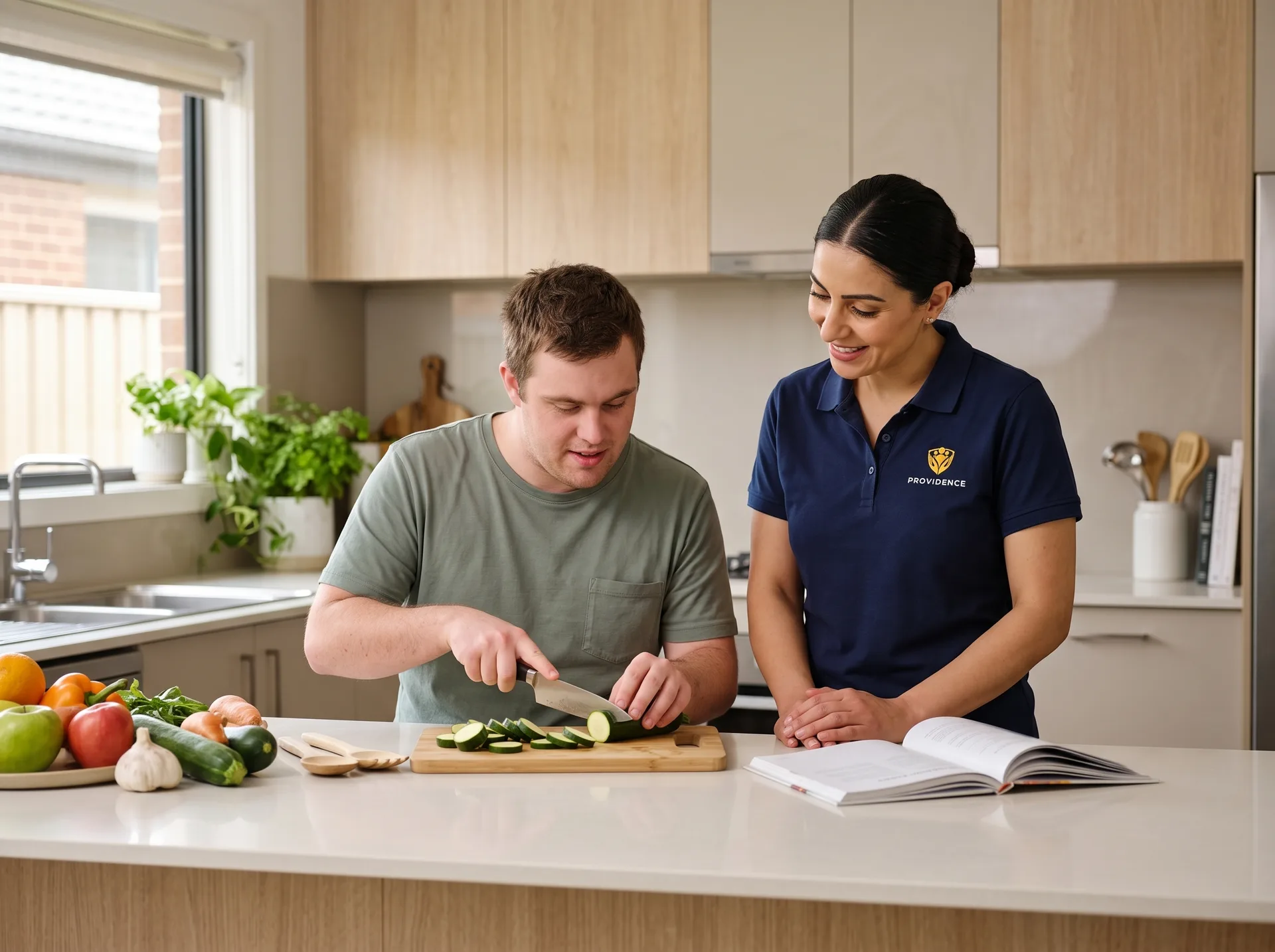 Participant chopping vegetables with support from a Providence worker