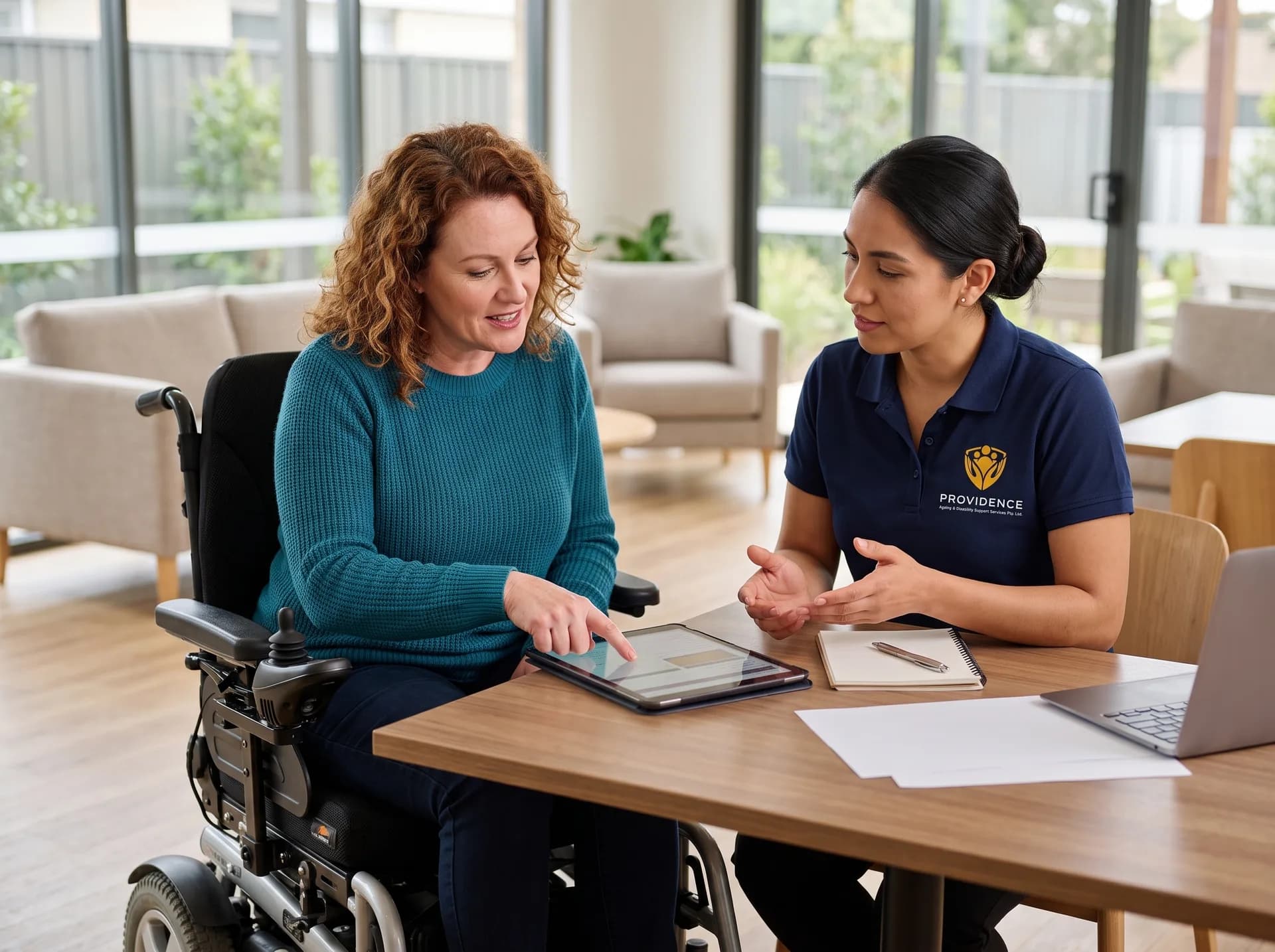 Participant reviewing planning information with a Providence support worker
