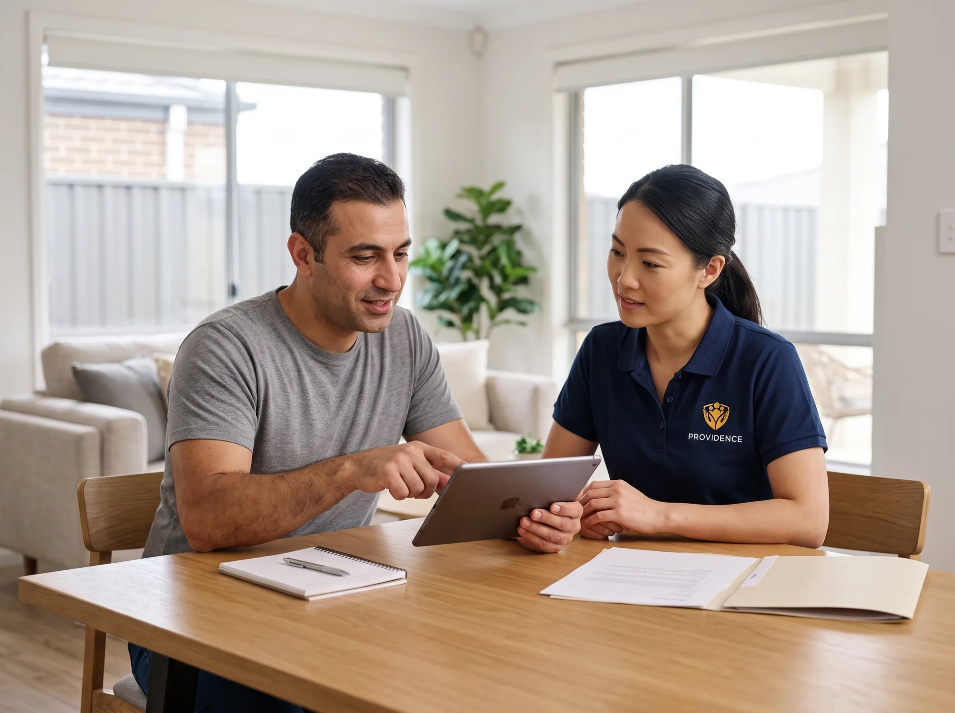Providence support coordinator reviewing plan documents with a participant at his kitchen table