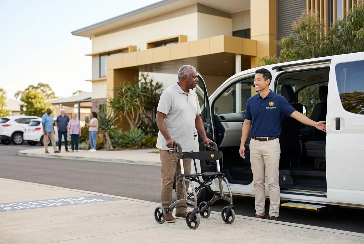 Providence support worker helping a participant with a walker into an accessible van